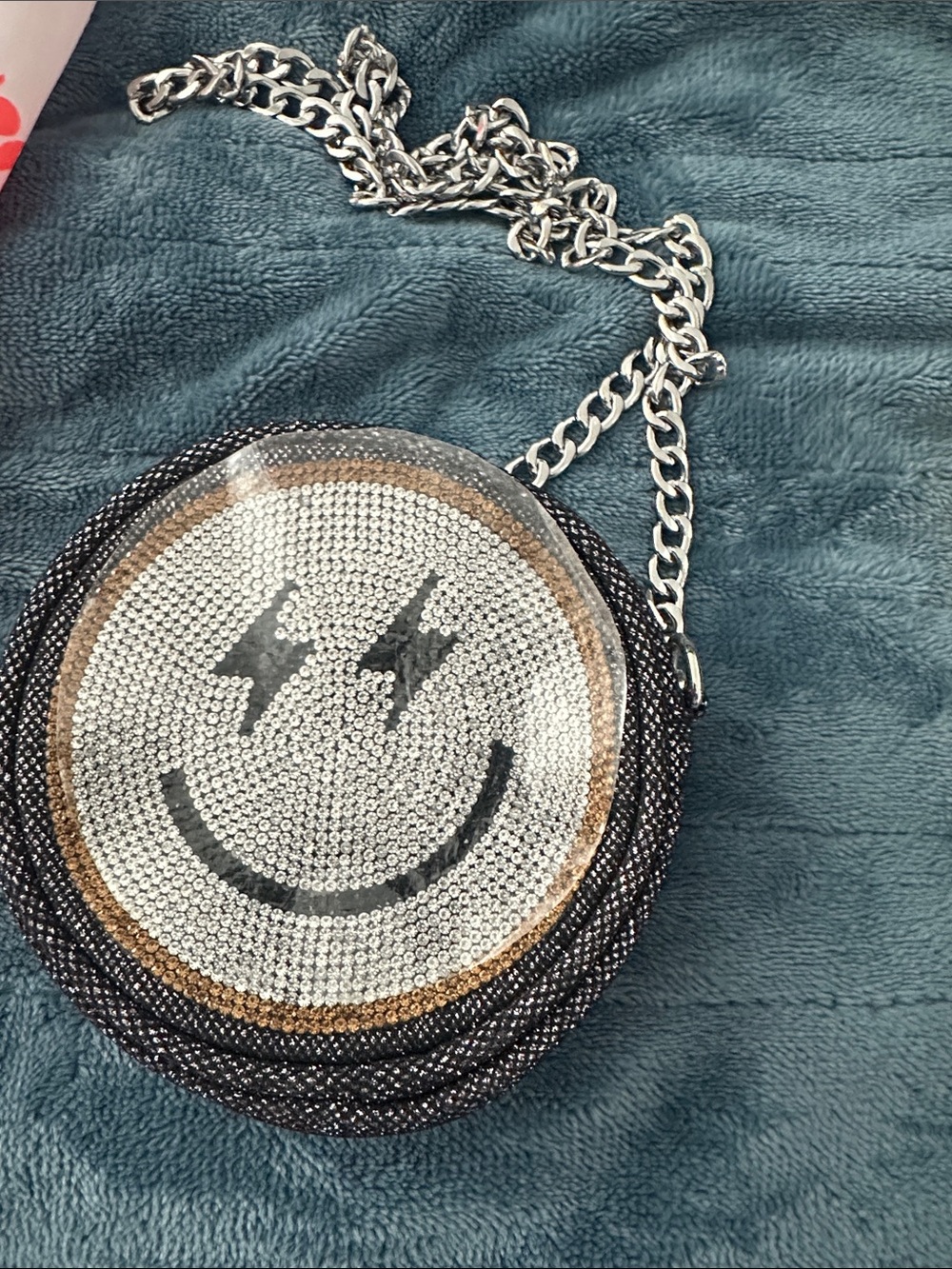 Round Smiley Crystal Crossbody Bag - Silver & Black